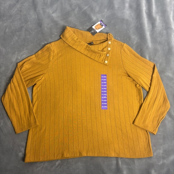 Rafaella Tops - Rafaella Womens XXL Mustard Yellow Ribbed Cowl Neck Button Top RSKFE060 NWT